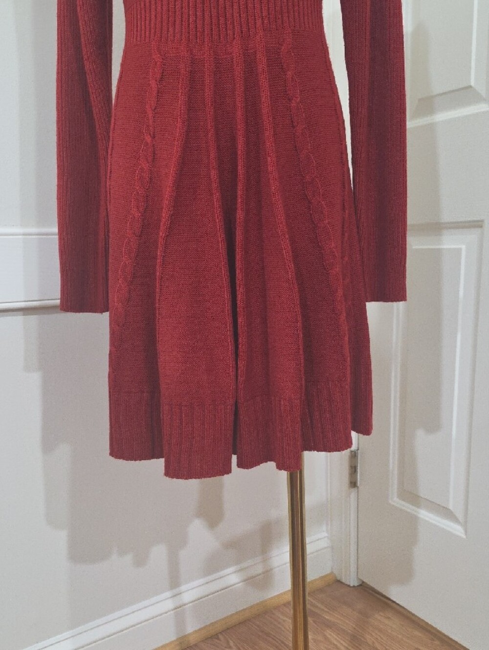 Maisolly Claret Red Cable Knit Fit & Flare Long Sleeve Sweater Dress - Size M - Picture 3 of 8